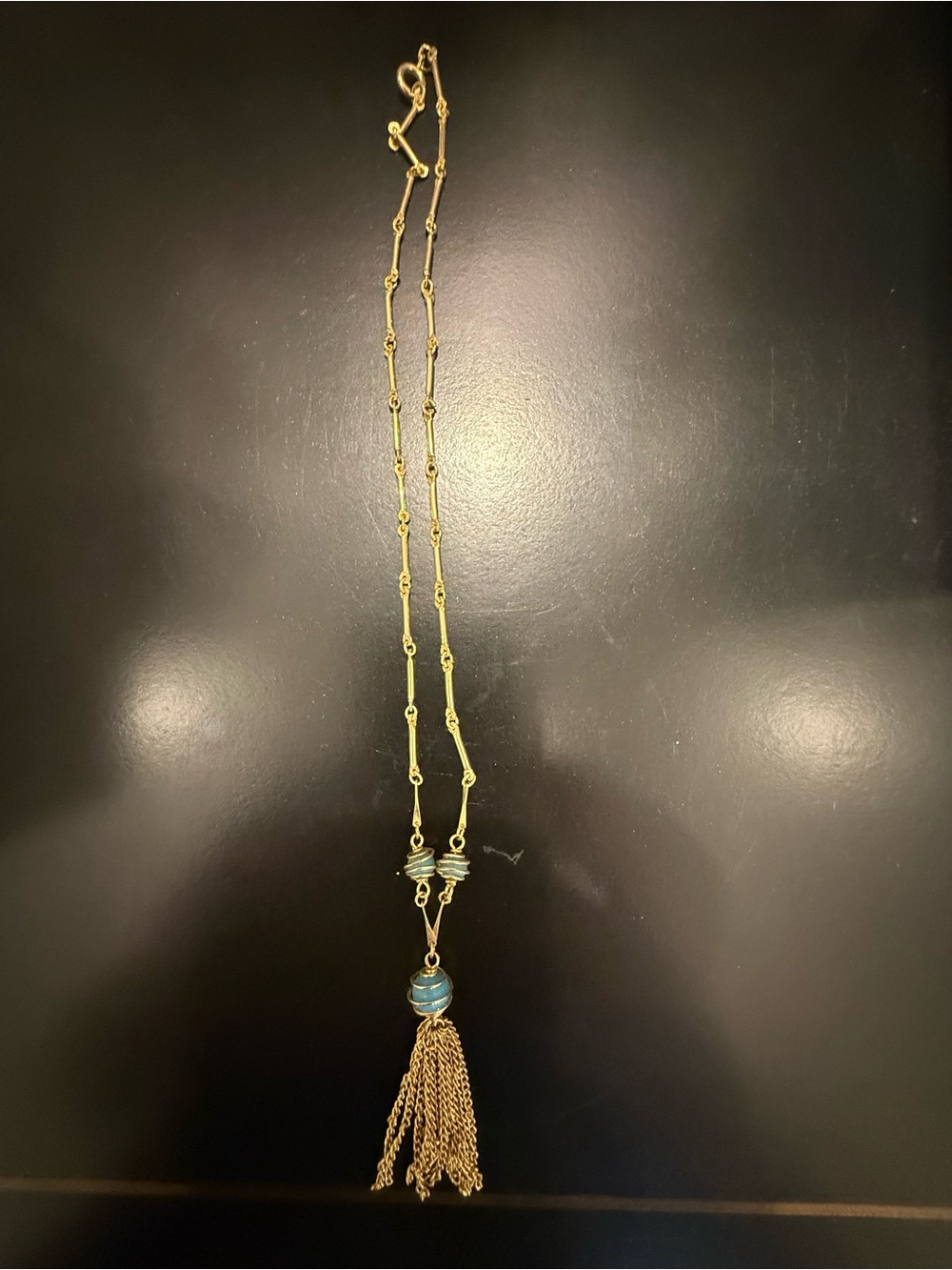18K Gold Plated Long Tassel Necklace with Blue Accents